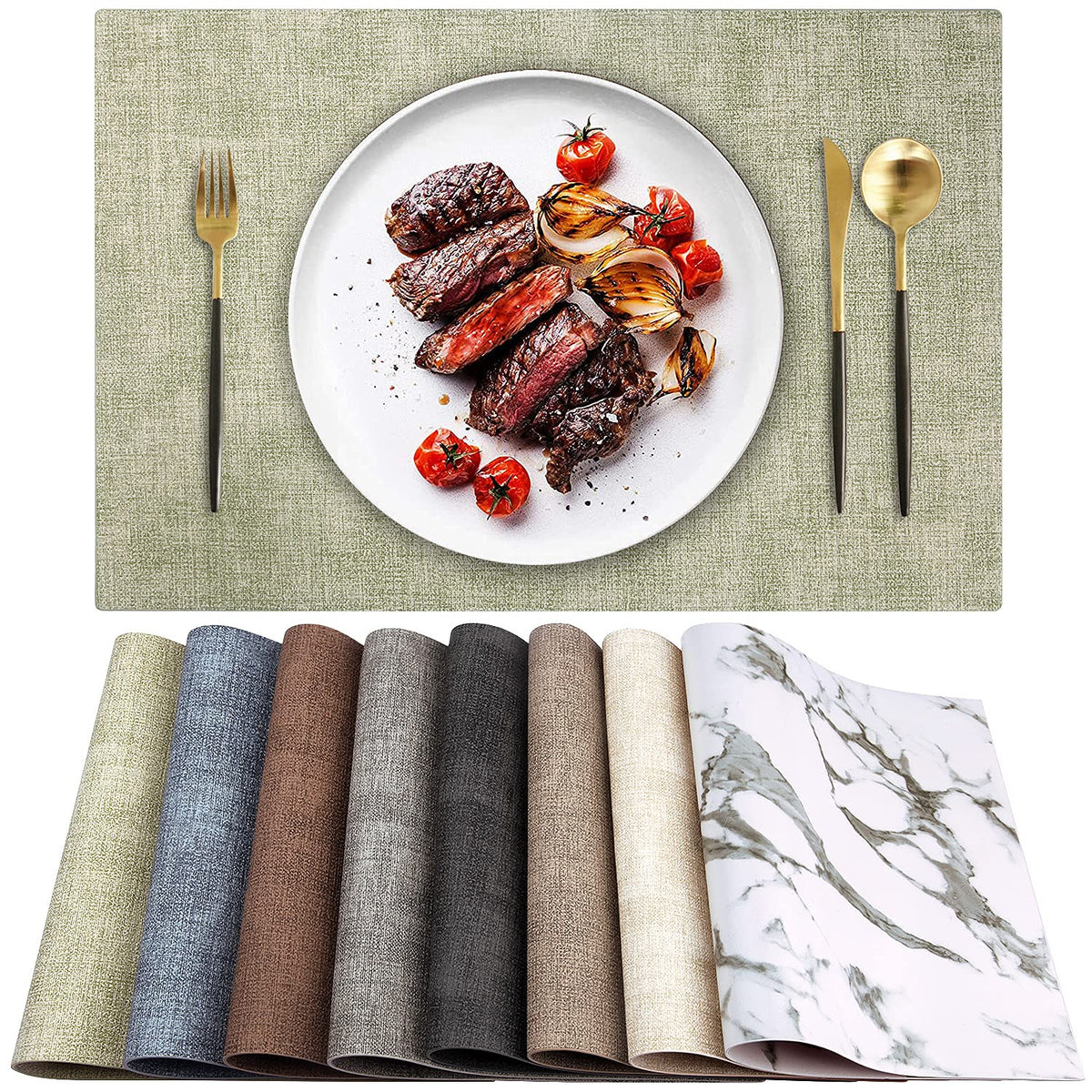 Leather Heat Resistant Placemats Set of 6 Waterproof Wipeable Washable PU Table Mats,Easy to Clean Anti-Slip (6, Blue)