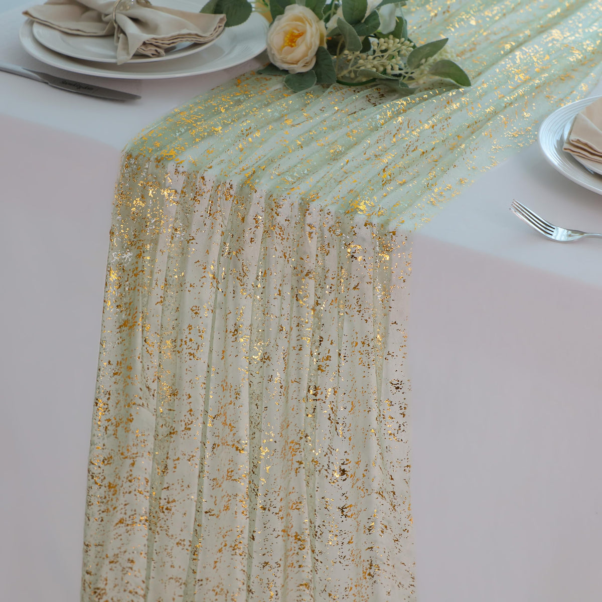 Snowkingdom 6Pcs 10 Ft Gold Table Runners, Sheer Chiffon Tulle Cheesecloth Golden Sequin Glitter Metallic Foil, Gold Party Table Decoration Centerpiece for Wedding Birthday Anniversary Christmas