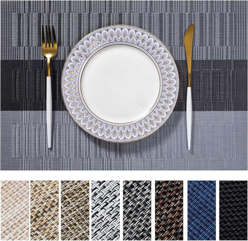 LEXMORE Placemats Set of 4 Vinyl/Plastic Woven Place Mats for Kitchen Table Indoor/Outdoor Washable Placemat Wipeable Dining Table Mats(Gray)