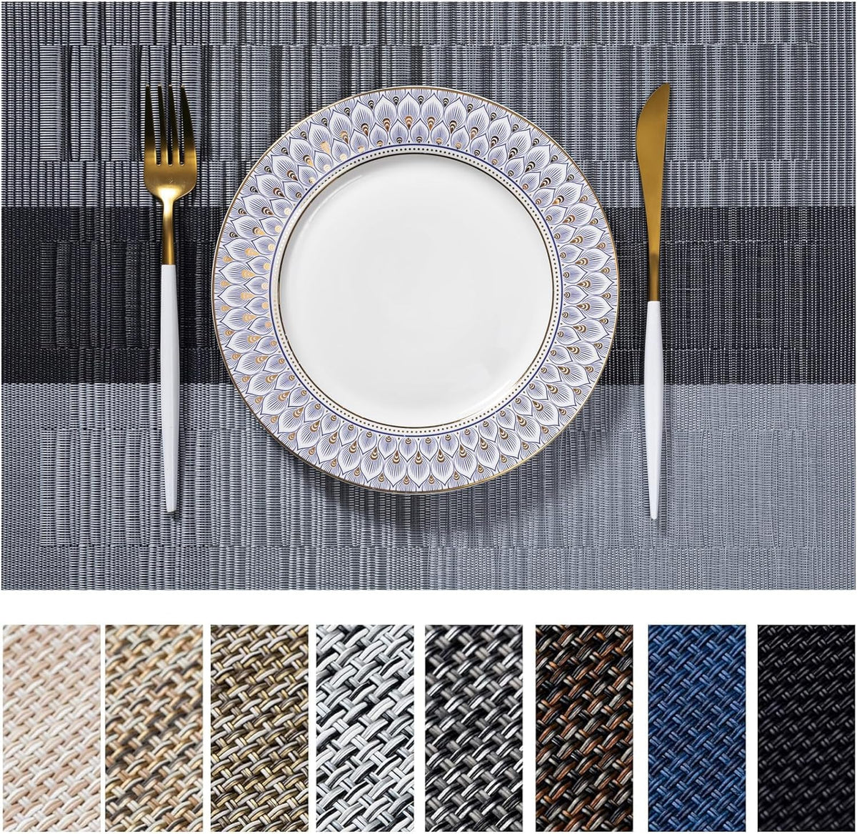 LEXMORE Placemats Set of 4 Vinyl/Plastic Woven Place Mats for Kitchen Table Indoor/Outdoor Washable Placemat Wipeable Dining Table Mats(Gray)