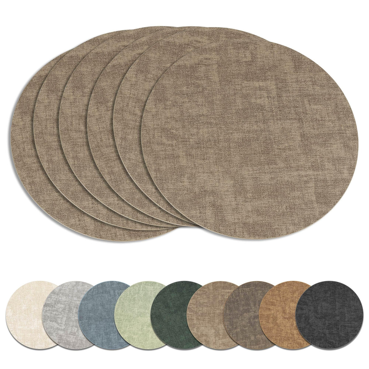 13" Round Placemats Set of 6, Reversible Faux Leather Wipeable Table Mats