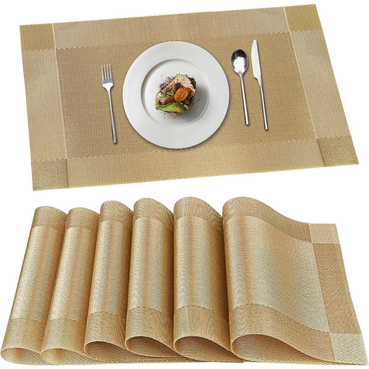 Placemats, Placemats Set of 6, Table Place Mats for Kitchen Dining, Heat-Resistant Anti-Skid Stain Washable PVC Table Mats, Easy to Cleaning Woven Vinyl Dinner Mats (Gold)