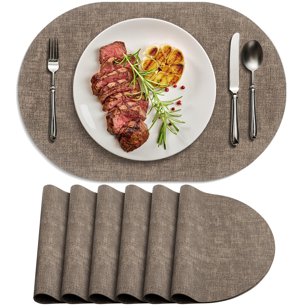 Placemats for Dining Table Set of 8 Non-Slip, Heat Resistant Oval Leather Placemat Double Layer, Waterproof Table Mats Easy to Clean for Kitchen Dining Room Coffee Office Table, Beige