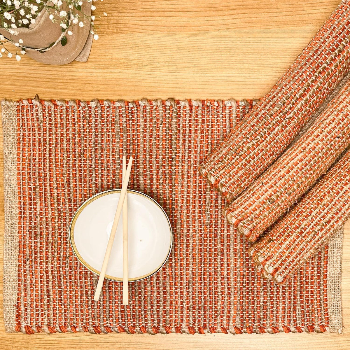 Chardin Home Natural Jute & Aqua Turquoise Placemats, Set of 4 – Rustic Handmade Boho Table Mats, 13x19 in Dining Table Placemats - Kitchen, Everyday Meals, Holidays, Farmhouse or Modern Table Décor