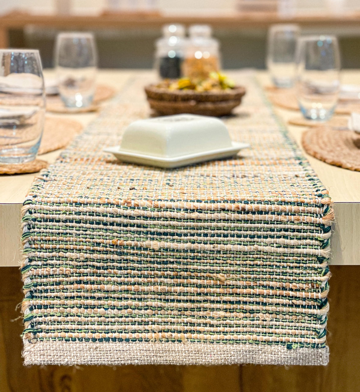 Chardin Home Natural Jute & Aqua Turquoise Placemats, Set of 4 – Rustic Handmade Boho Table Mats, 13x19 in Dining Table Placemats - Kitchen, Everyday Meals, Holidays, Farmhouse or Modern Table Décor