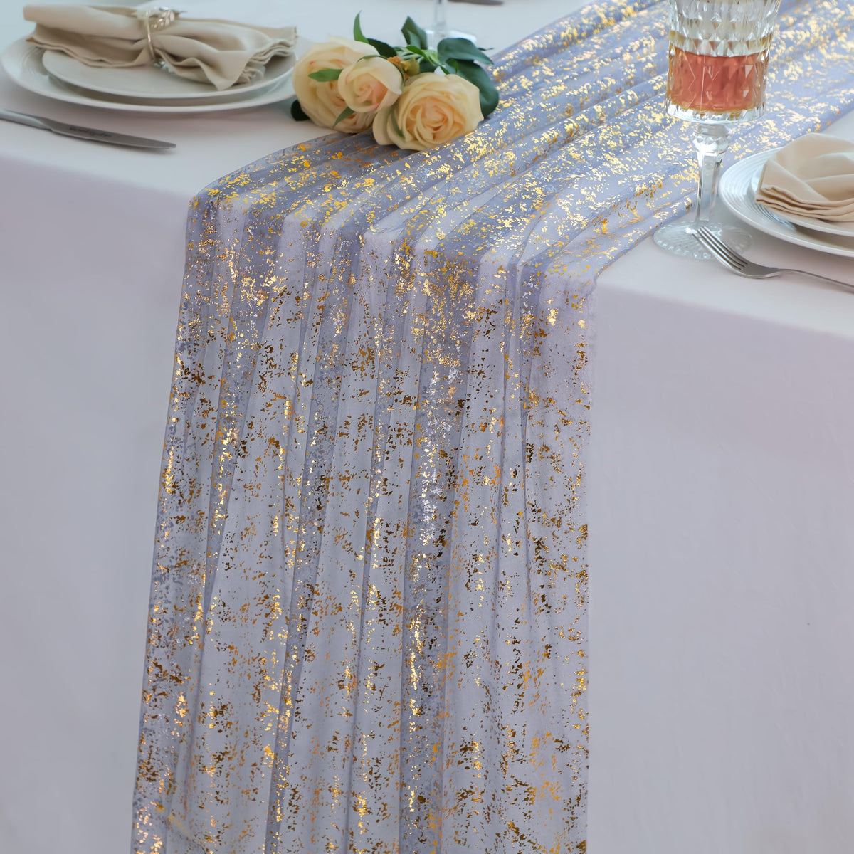 Snowkingdom 6Pcs 10 Ft Gold Table Runners, Sheer Chiffon Tulle Cheesecloth Golden Sequin Glitter Metallic Foil, Gold Party Table Decoration Centerpiece for Wedding Birthday Anniversary Christmas