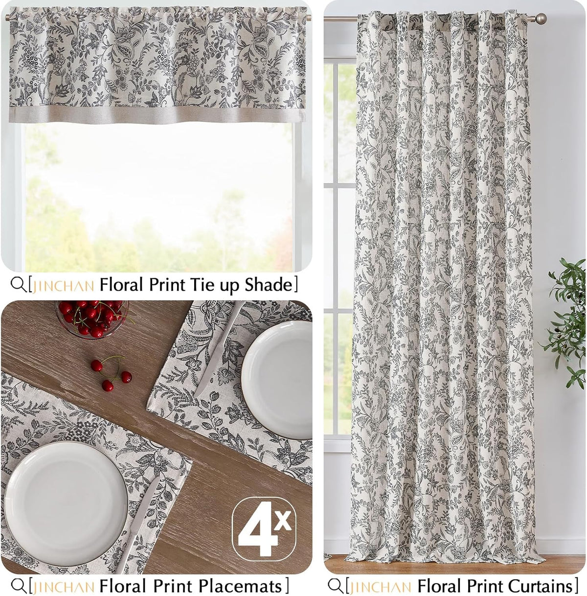JINCHAN Linen Floral Placemats Set of 4 Farmhouse 13x19 Inch Black