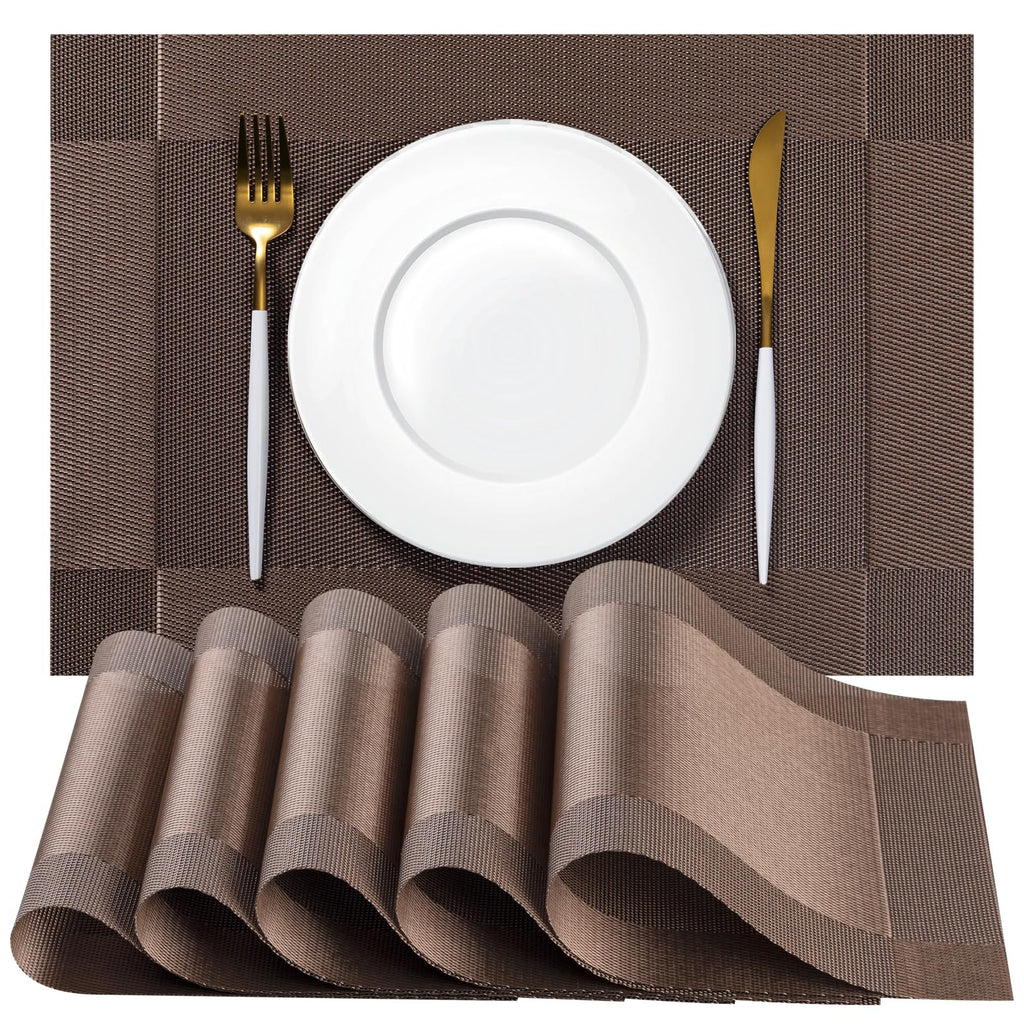 Placemats Set of 4 - Easy Clean Woven Vinyl Placemats for Dining Table, Indoor/Outdoor Place Mats, Washable PVC Table Mats（Caramel）