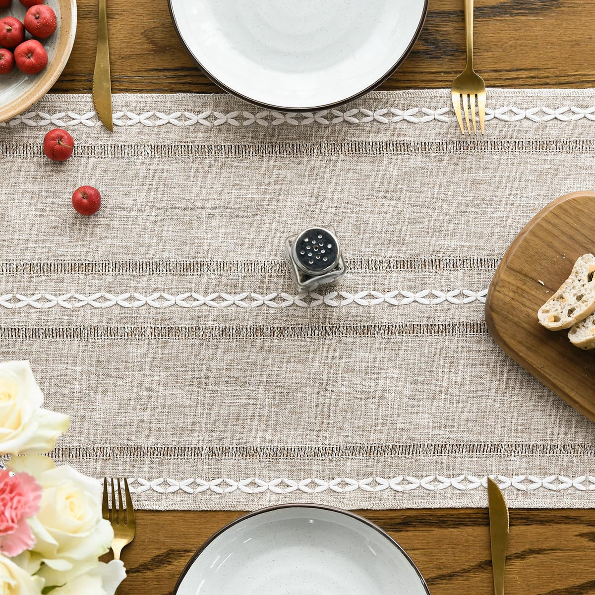 Artoid Mode Brown Rustic Cotton Linen Table Runner, Seasonal Embroidered Hollow Kitchen Dining Table Decoration for Home Party Decor 13x90 Inch