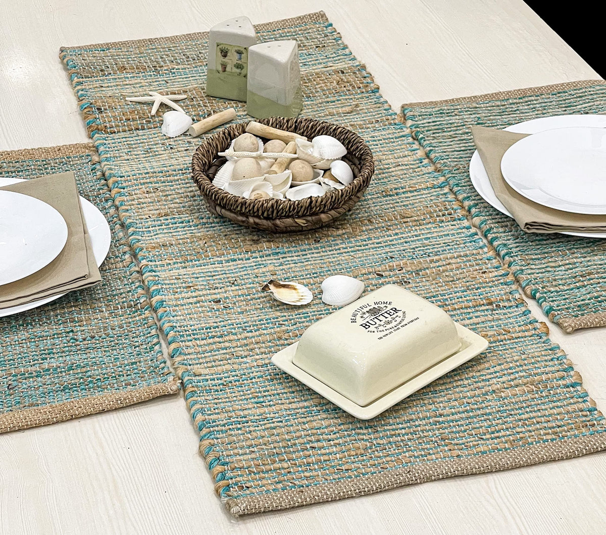 Chardin Home Natural Jute & Aqua Turquoise Placemats, Set of 4 – Rustic Handmade Boho Table Mats, 13x19 in Dining Table Placemats - Kitchen, Everyday Meals, Holidays, Farmhouse or Modern Table Décor