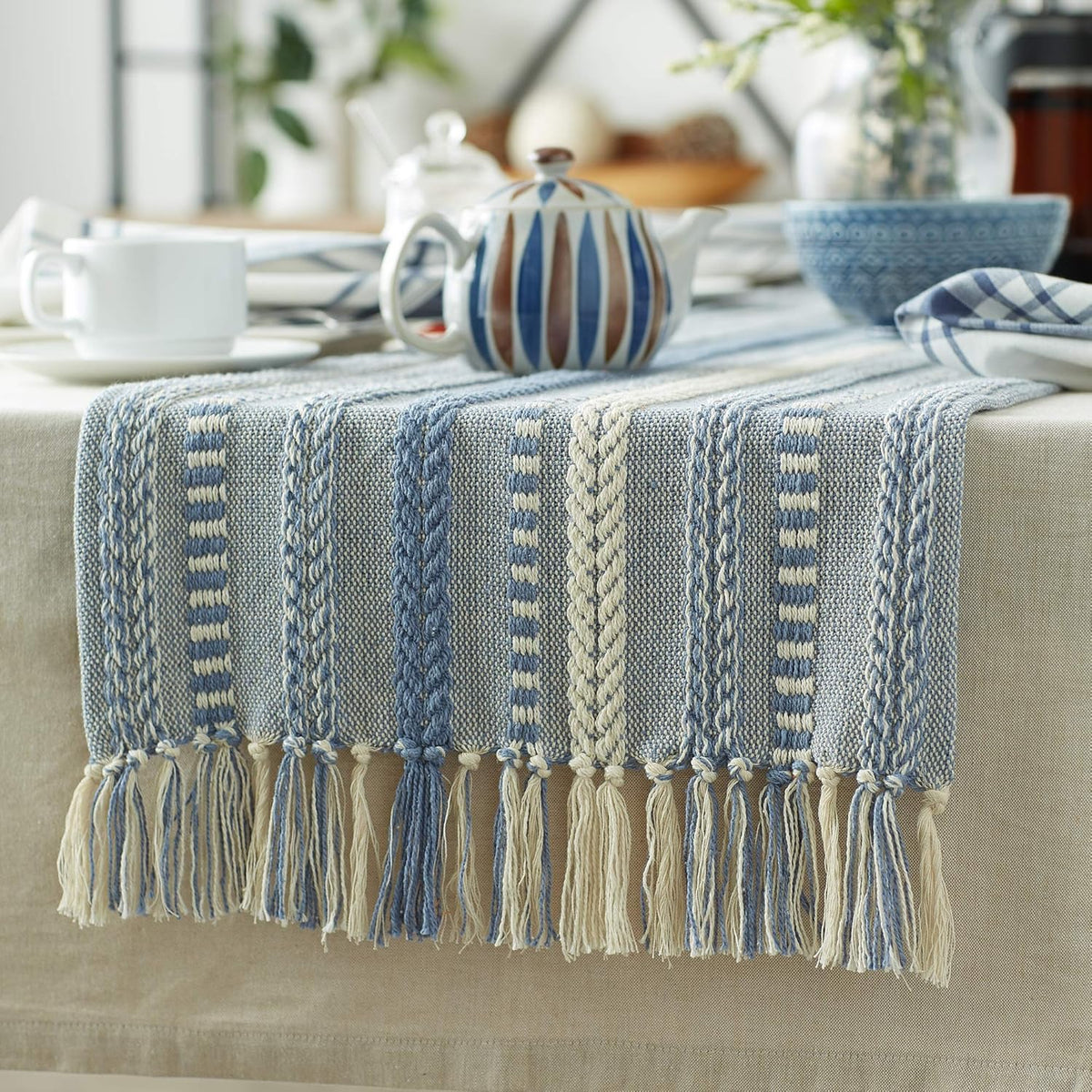 DII Braided Stripe Table Runner, 15x72 with 2.5" Fringe, Stonewash Blue