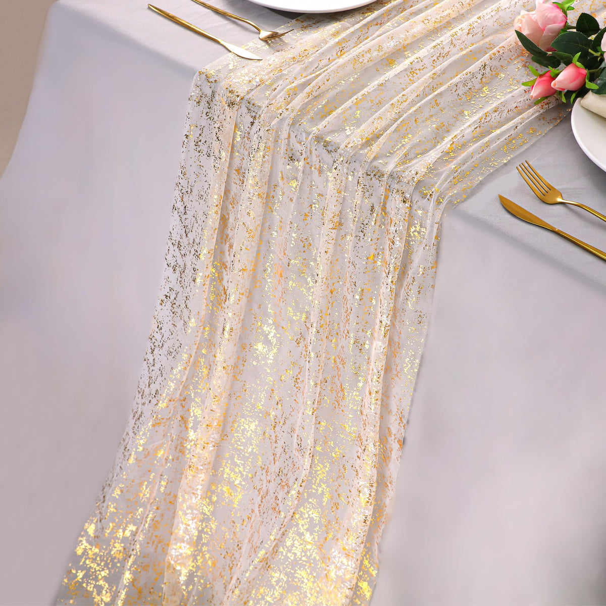Snowkingdom 6Pcs 10 Ft Gold Table Runners, Sheer Chiffon Tulle Cheesecloth Golden Sequin Glitter Metallic Foil, Gold Party Table Decoration Centerpiece for Wedding Birthday Anniversary Christmas