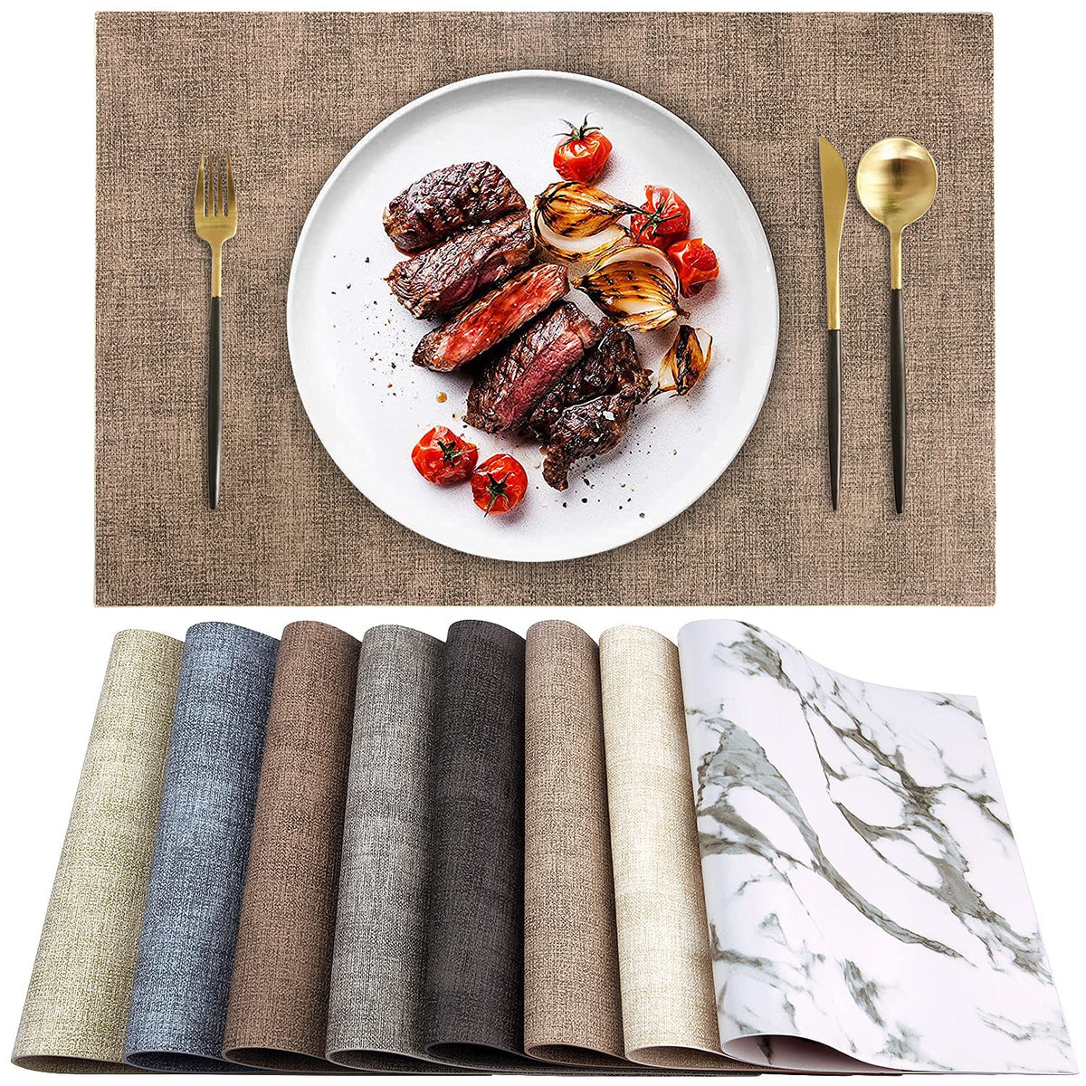Leather Heat Resistant Placemats Set of 6 Waterproof Wipeable Washable PU Table Mats,Easy to Clean Anti-Slip (6, Blue)