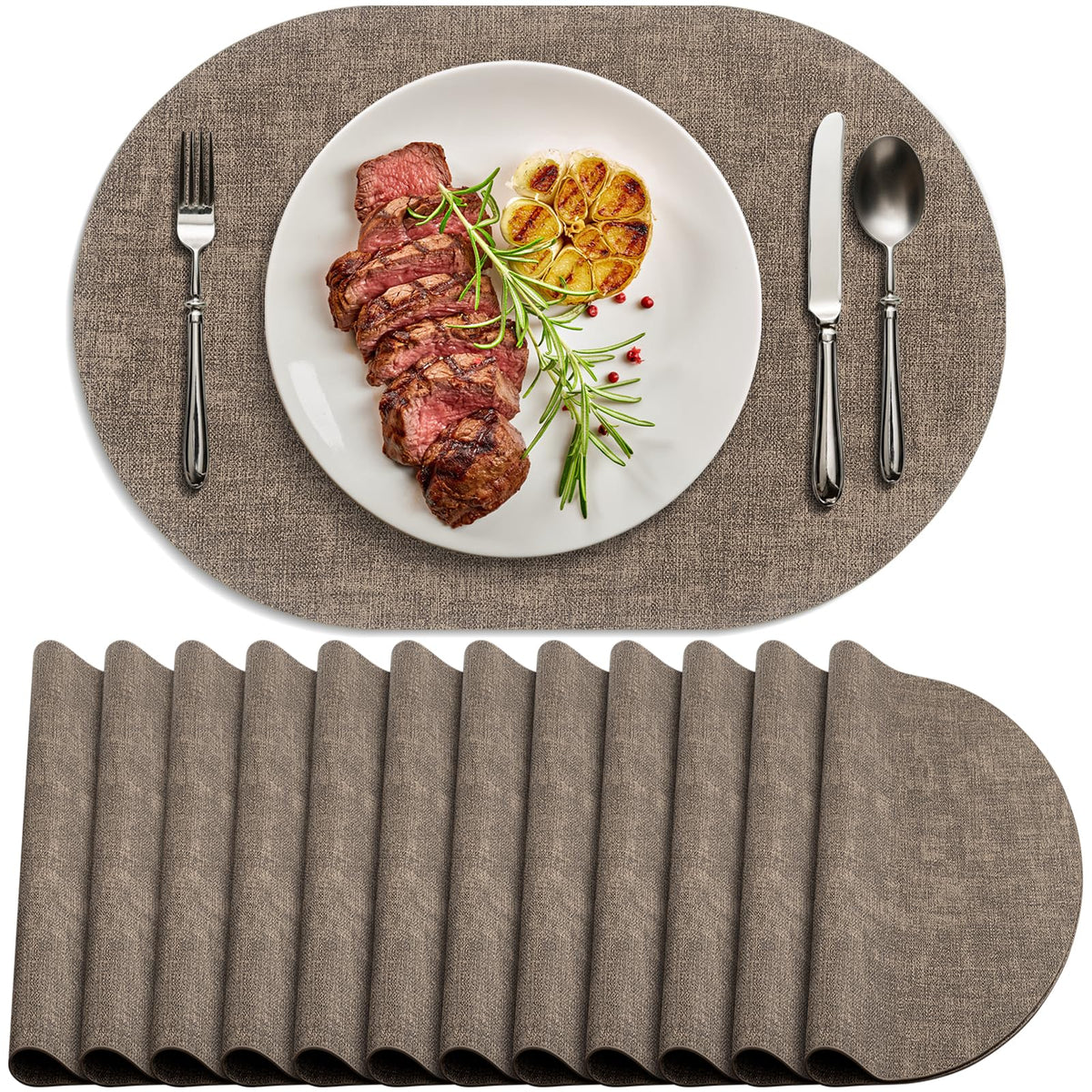 Placemats for Dining Table Set of 8 Non-Slip, Heat Resistant Oval Leather Placemat Double Layer, Waterproof Table Mats Easy to Clean for Kitchen Dining Room Coffee Office Table, Beige
