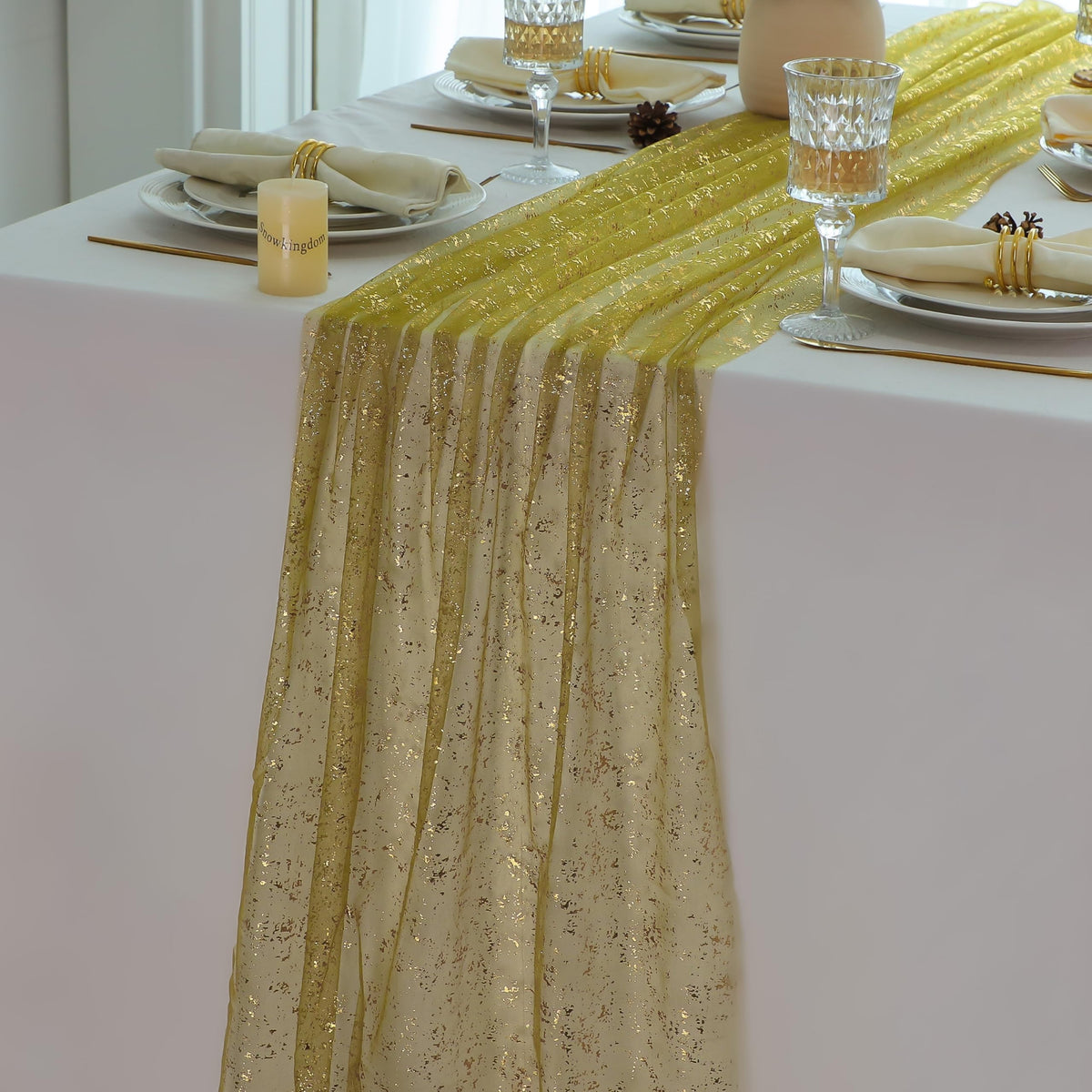 Snowkingdom 6Pcs 10 Ft Gold Table Runners, Sheer Chiffon Tulle Cheesecloth Golden Sequin Glitter Metallic Foil, Gold Party Table Decoration Centerpiece for Wedding Birthday Anniversary Christmas