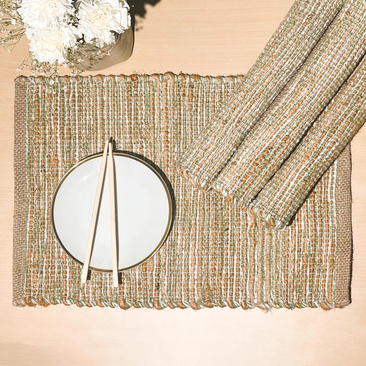 Chardin Home Natural Jute & Aqua Turquoise Placemats, Set of 4 – Rustic Handmade Boho Table Mats, 13x19 in Dining Table Placemats - Kitchen, Everyday Meals, Holidays, Farmhouse or Modern Table Décor
