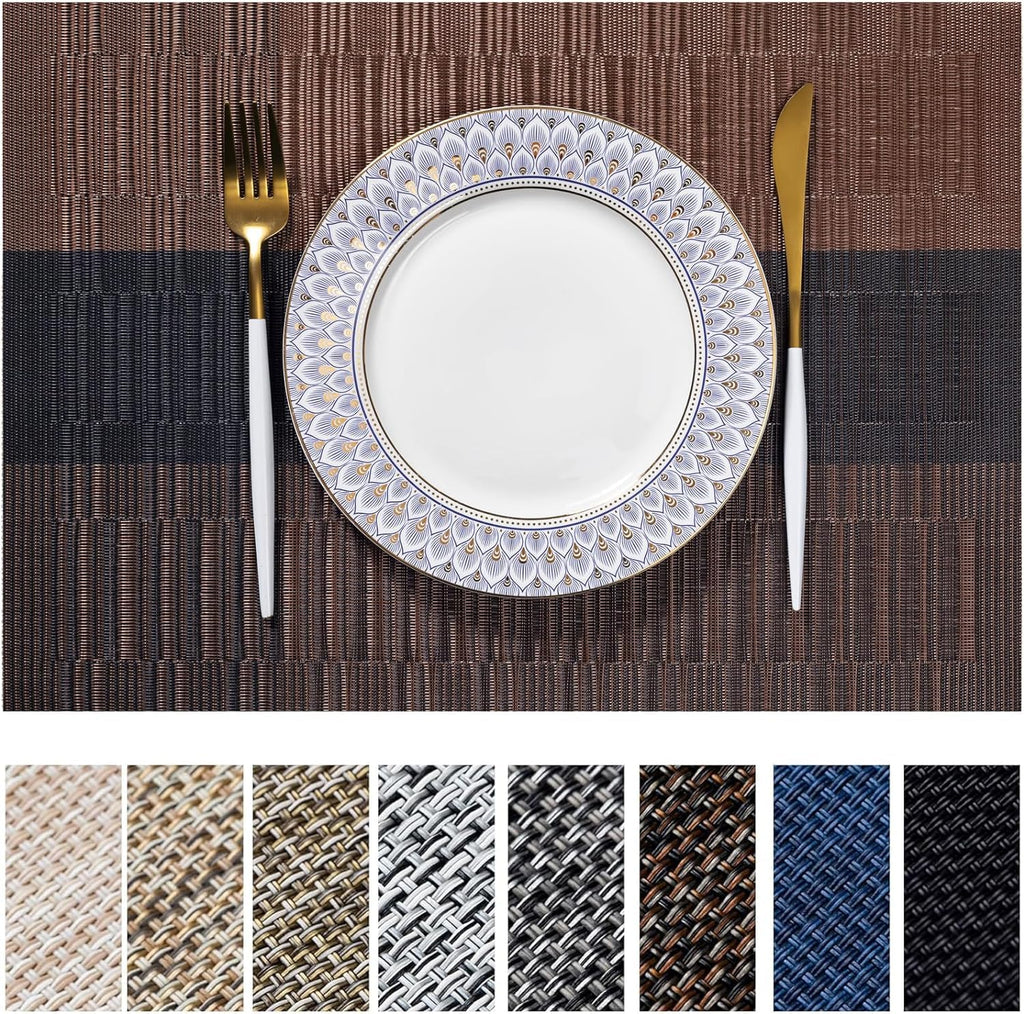 LEXMORE Placemats Set of 4 Vinyl/Plastic Woven Place Mats for Kitchen Table Indoor/Outdoor Washable Placemat Wipeable Dining Table Mats(Gray)