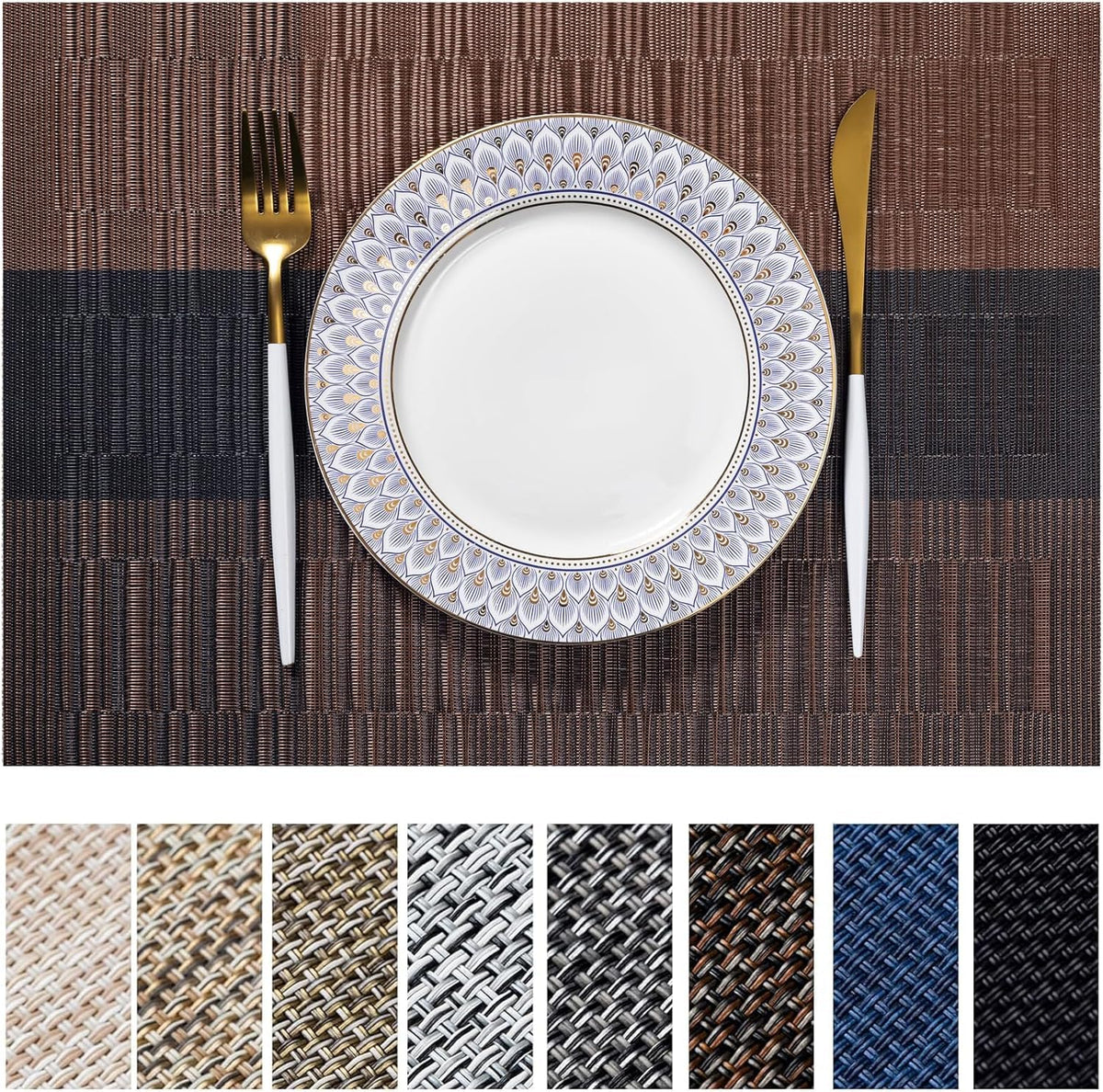 LEXMORE Placemats Set of 4 Vinyl/Plastic Woven Place Mats for Kitchen Table Indoor/Outdoor Washable Placemat Wipeable Dining Table Mats(Gray)