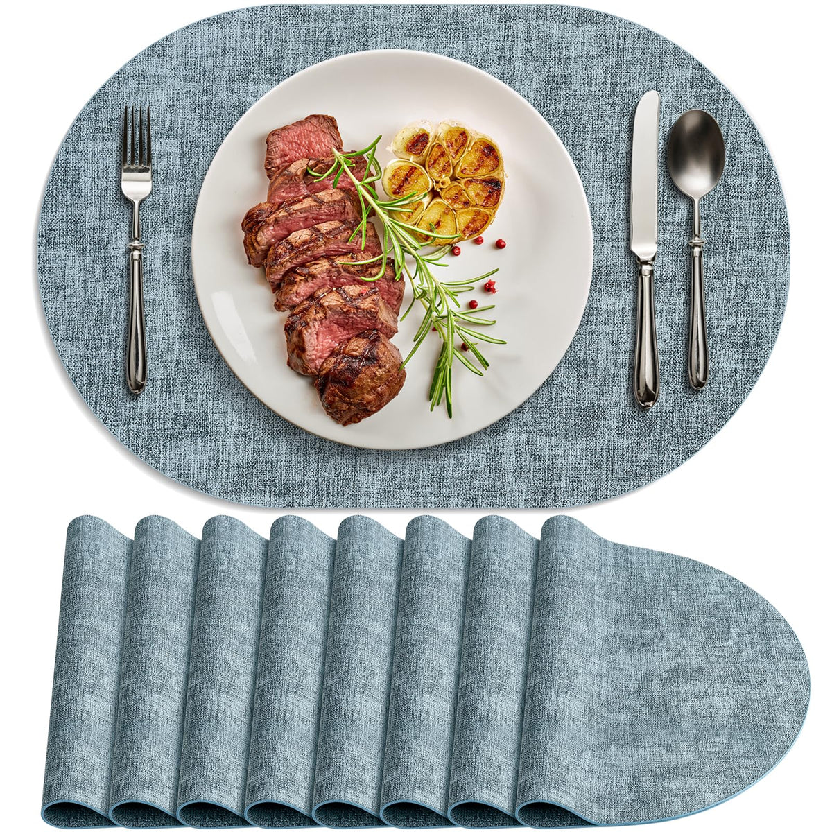 Placemats for Dining Table Set of 8 Non-Slip, Heat Resistant Oval Leather Placemat Double Layer, Waterproof Table Mats Easy to Clean for Kitchen Dining Room Coffee Office Table, Beige