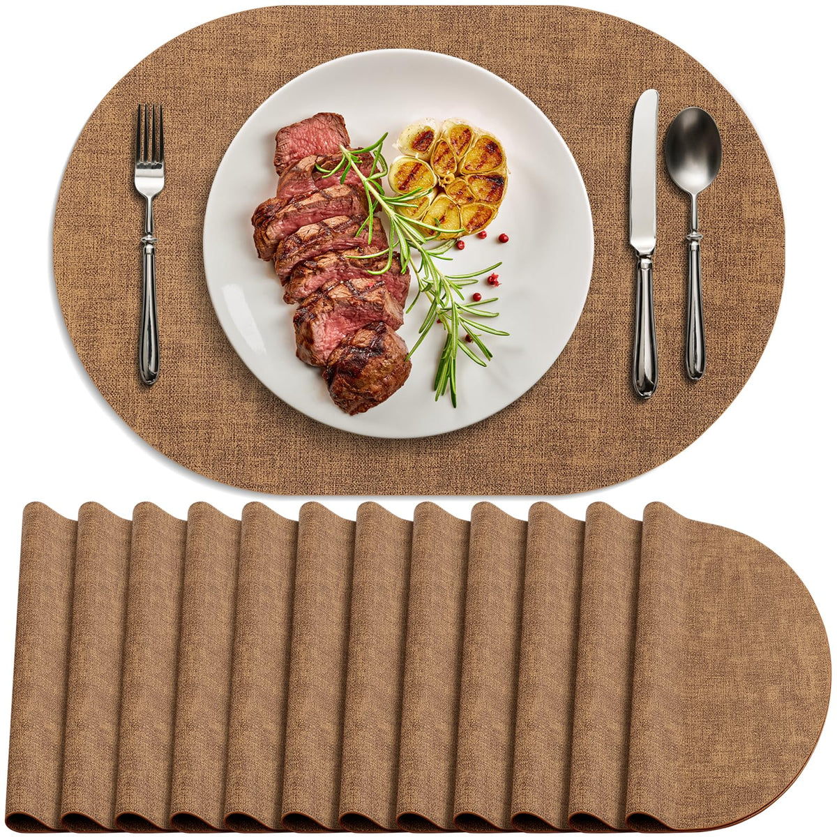 Placemats for Dining Table Set of 8 Non-Slip, Heat Resistant Oval Leather Placemat Double Layer, Waterproof Table Mats Easy to Clean for Kitchen Dining Room Coffee Office Table, Beige