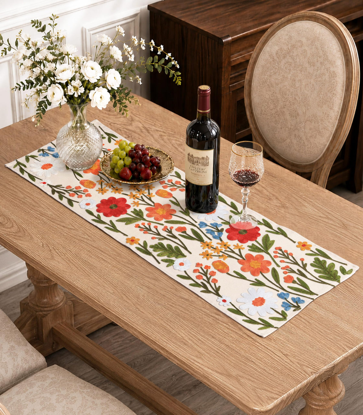 Miss Adola Embroidered Canvas Table Runner 13"x72", Wild Flower
