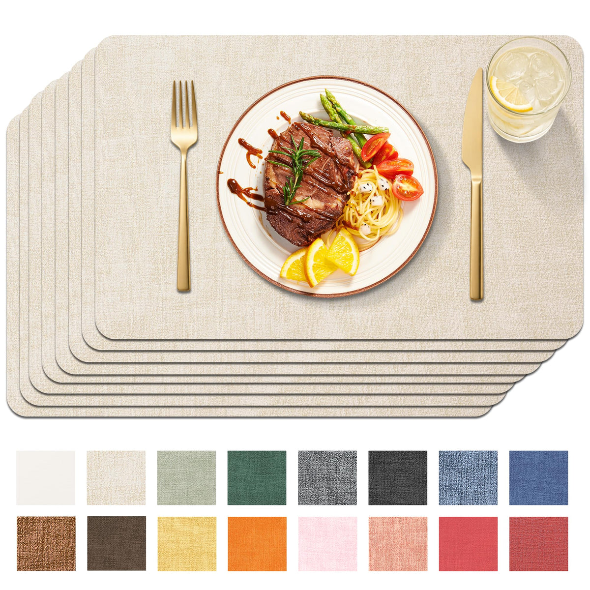 Maxpearl Faux Leather Placemats Set of 6, Easy to Clean, Beige