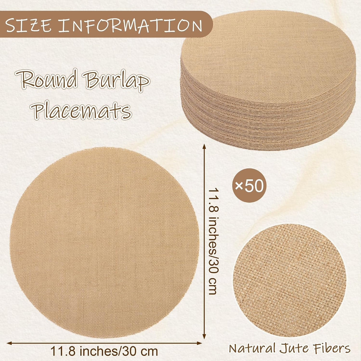 Kochorie 50 Pieces Burlap Placemats 11.8 Inch Round