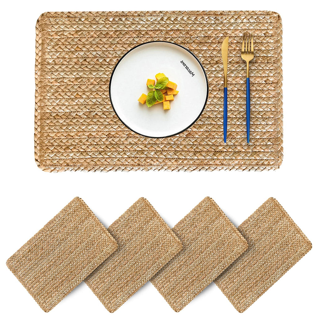 Woven Placemats Set of 6 Rattan Placemats Rectangle Natural Placemats Wicker Heavy Braided Straw Placemat Farmhouse Square Plates Place mats for Indoor/Outdoor Patio Table 17.7'' X 11.8''