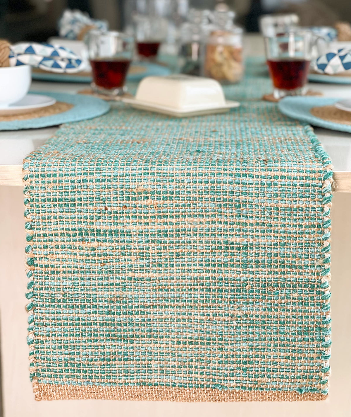 Chardin Home Natural Jute & Aqua Turquoise Placemats, Set of 4 – Rustic Handmade Boho Table Mats, 13x19 in Dining Table Placemats - Kitchen, Everyday Meals, Holidays, Farmhouse or Modern Table Décor