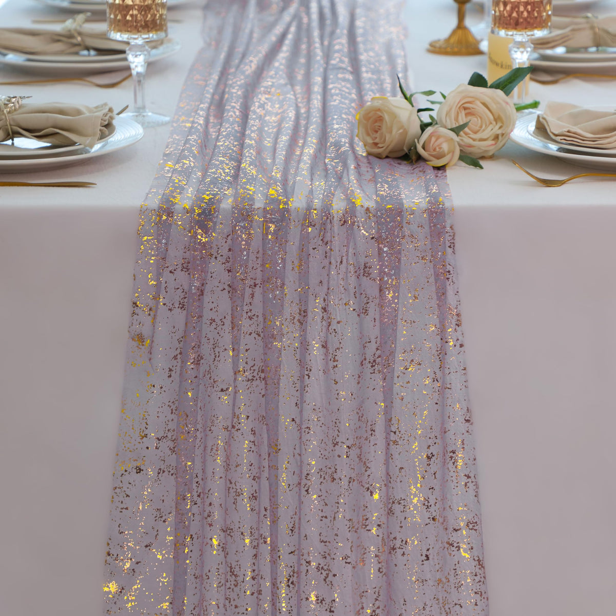 Snowkingdom 6Pcs 10 Ft Gold Table Runners, Sheer Chiffon Tulle Cheesecloth Golden Sequin Glitter Metallic Foil, Gold Party Table Decoration Centerpiece for Wedding Birthday Anniversary Christmas