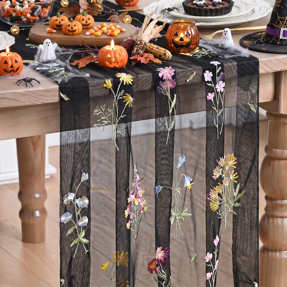 Artoid Mode Floral Apricot Gauze Embroidery Table Runner 120 Inch 10FT