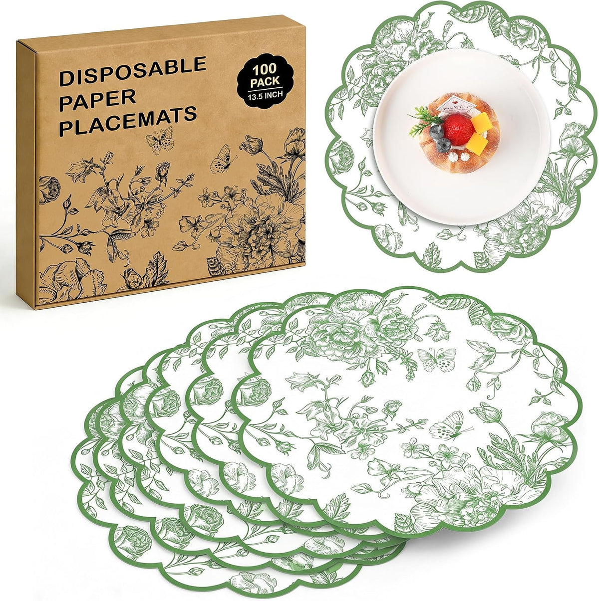 Kochorie Green Floral Paper Placemats 100 Pack, Disposable Scalloped Table Mats, Green Vintage Flower Paper Place Mat, 13.5 x 13.5 Inch for Weddings Bridal Showers Party Décor