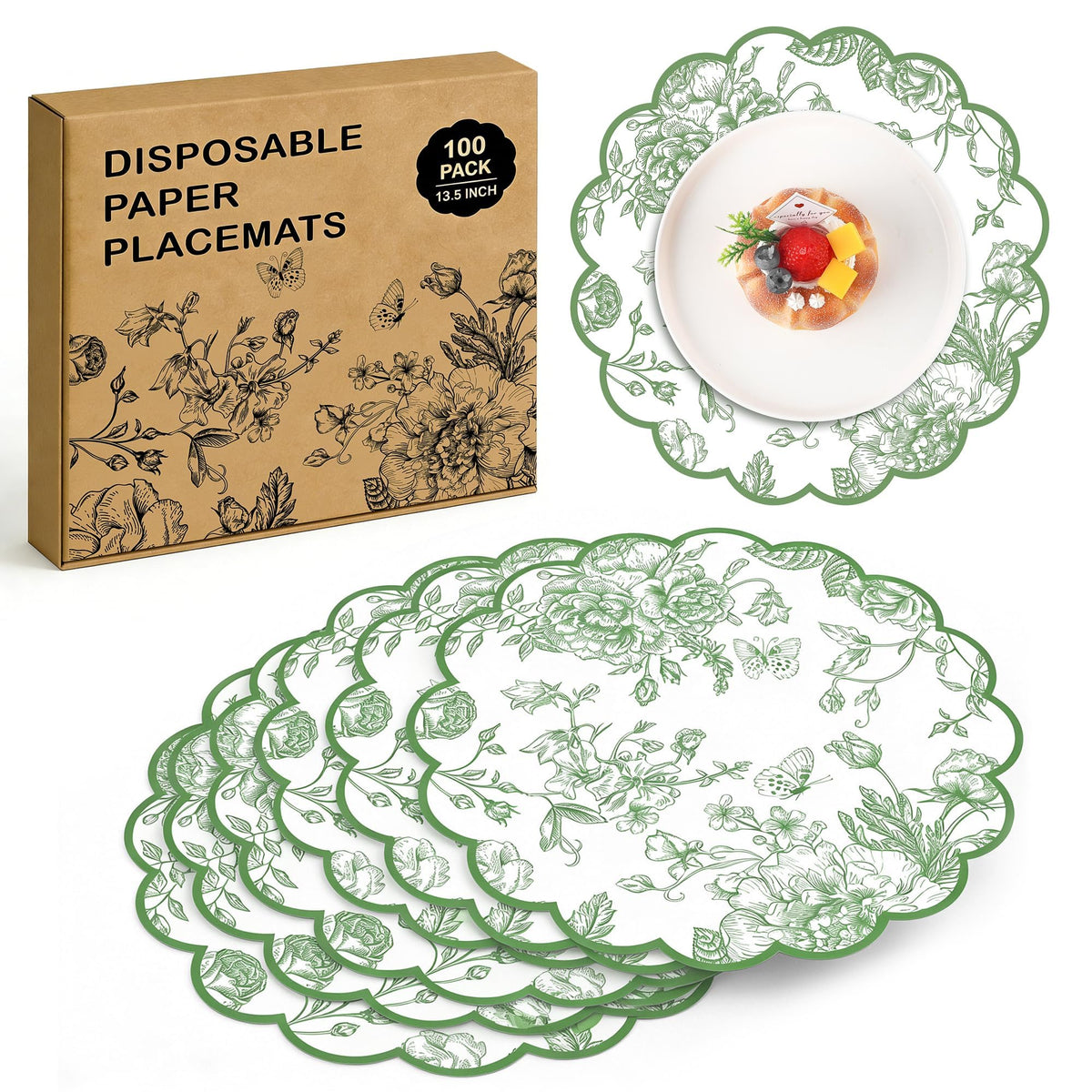 Kochorie Green Floral Paper Placemats 100 Pack, Disposable Scalloped Table Mats, Green Vintage Flower Paper Place Mat, 13.5 x 13.5 Inch for Weddings Bridal Showers Party Décor