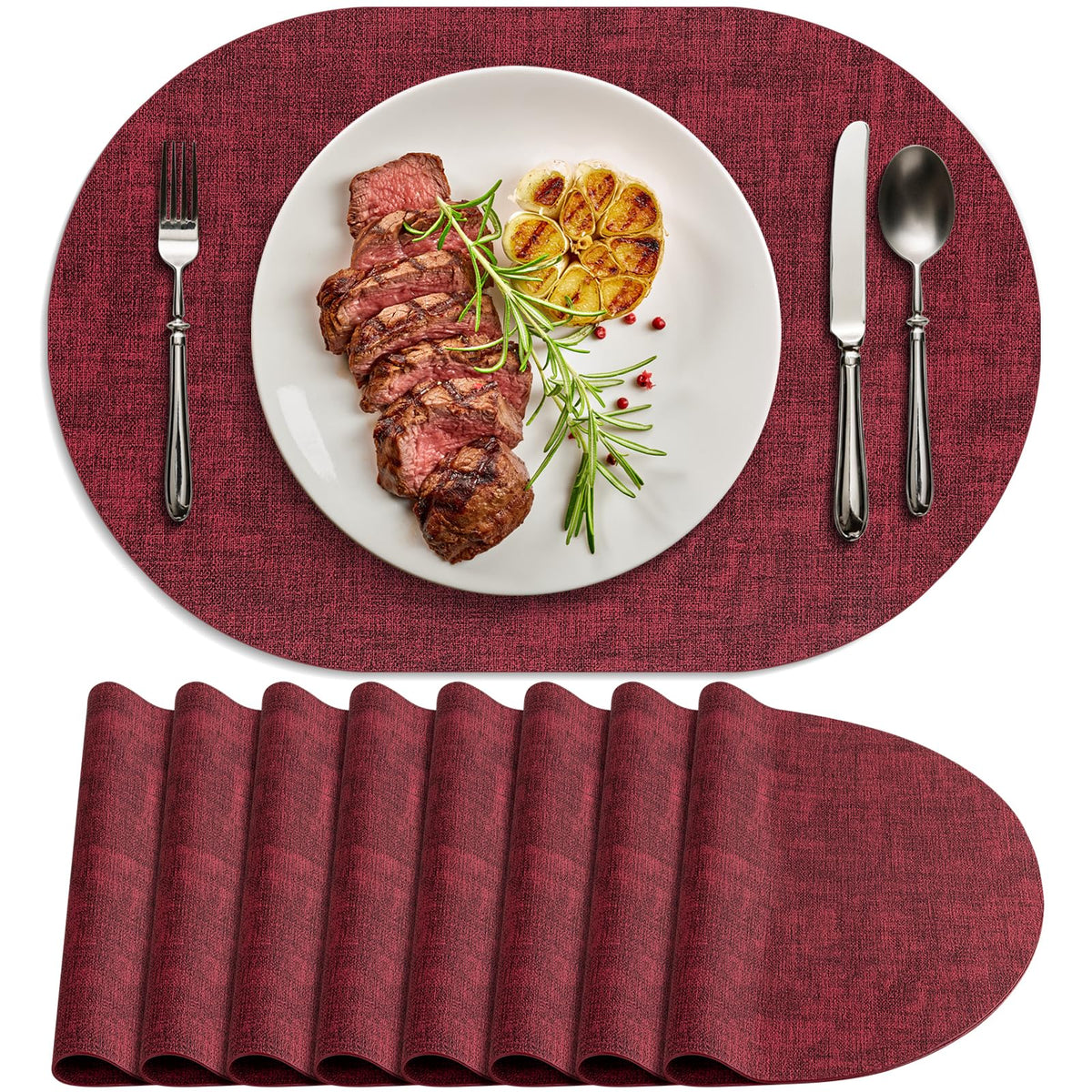 Placemats for Dining Table Set of 8 Non-Slip, Heat Resistant Oval Leather Placemat Double Layer, Waterproof Table Mats Easy to Clean for Kitchen Dining Room Coffee Office Table, Beige
