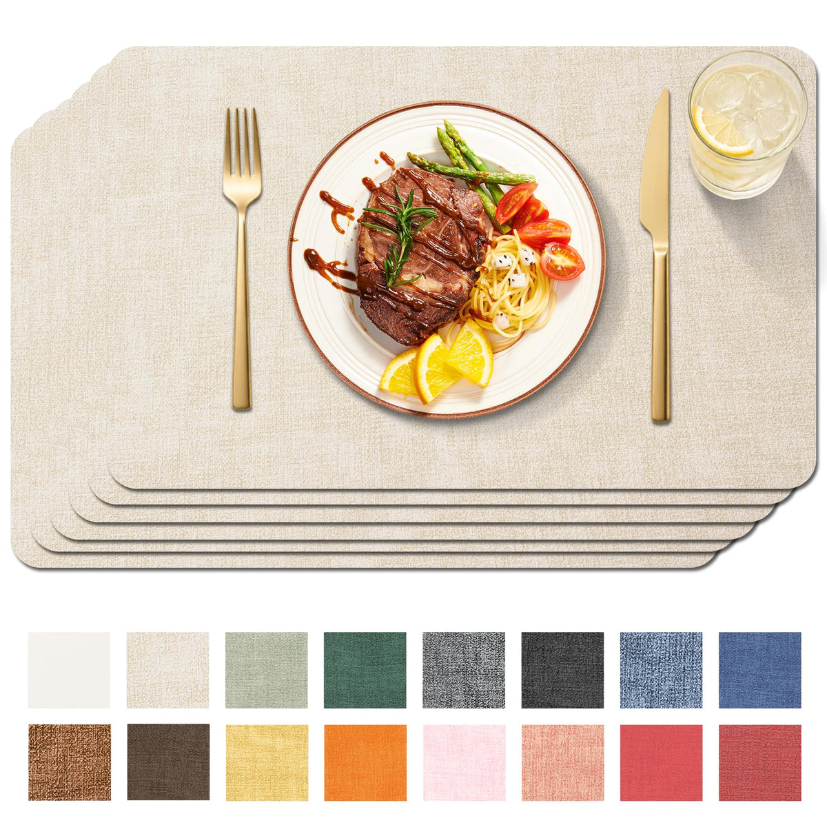 Maxpearl Faux Leather Placemats Set of 6, Easy to Clean, Beige