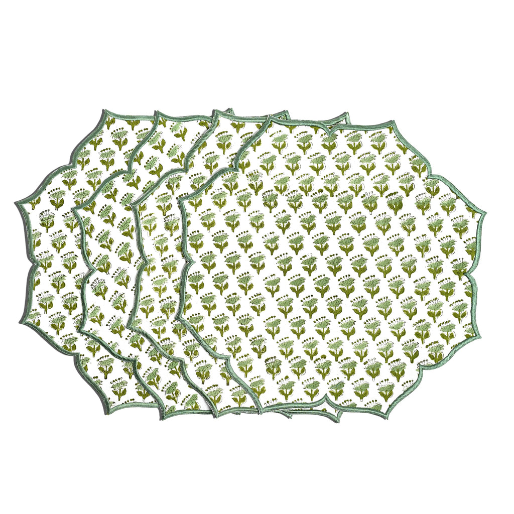 CPC Agate Green Block Print Cotton Floral Placemat 15x15 Inch, Set of 4