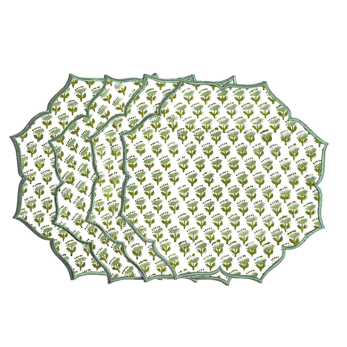 CPC Agate Green Block Print Cotton Floral Placemat 15x15 Inch, Set of 4