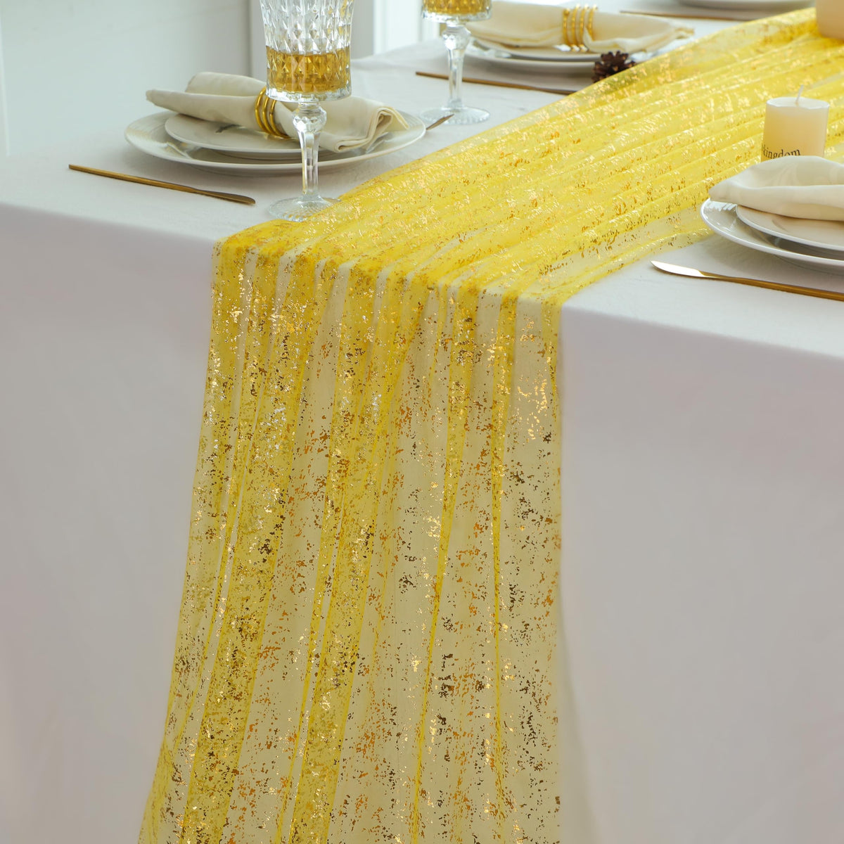 Snowkingdom 6Pcs 10 Ft Gold Table Runners, Sheer Chiffon Tulle Cheesecloth Golden Sequin Glitter Metallic Foil, Gold Party Table Decoration Centerpiece for Wedding Birthday Anniversary Christmas
