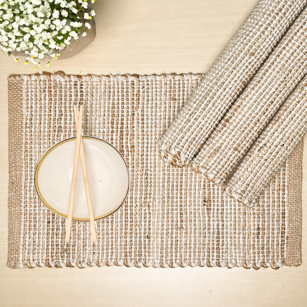 Chardin Home Natural Jute & Aqua Turquoise Placemats, Set of 4 – Rustic Handmade Boho Table Mats, 13x19 in Dining Table Placemats - Kitchen, Everyday Meals, Holidays, Farmhouse or Modern Table Décor