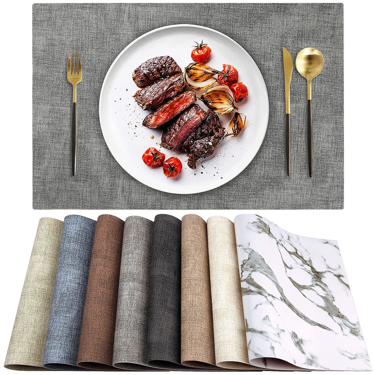 Leather Heat Resistant Placemats Set of 6 Waterproof Wipeable Washable PU Table Mats,Easy to Clean Anti-Slip (6, Blue)