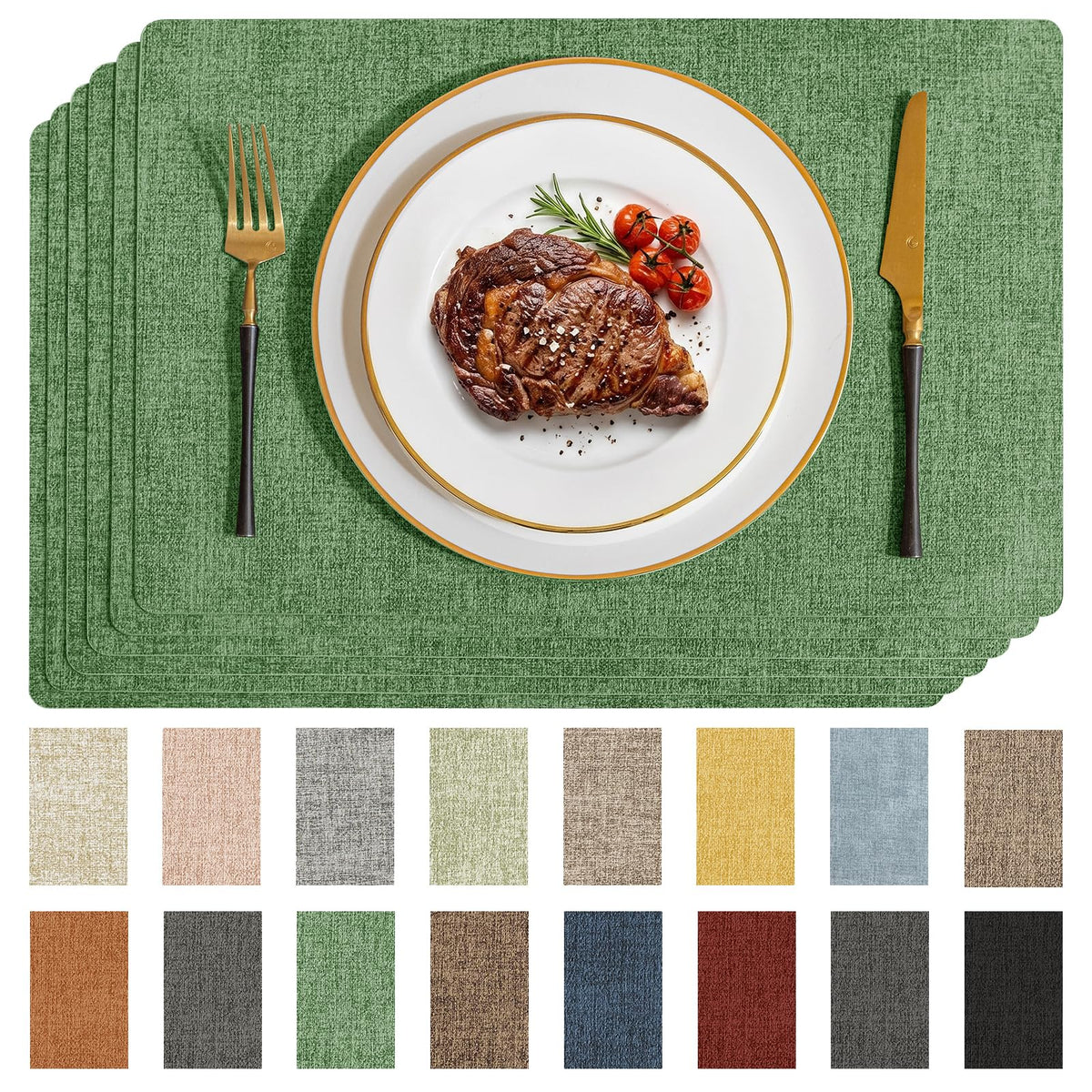 Romanstile Faux Leather Vinyl Placemats Set of 6, Dark Green