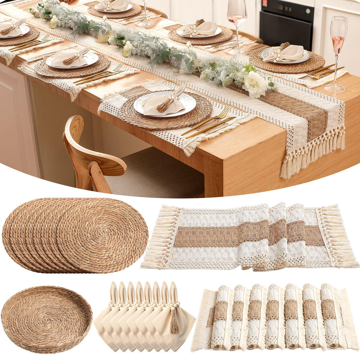6 Sets Dining Table Decoration Boho Placemat, Khaki, 12x72