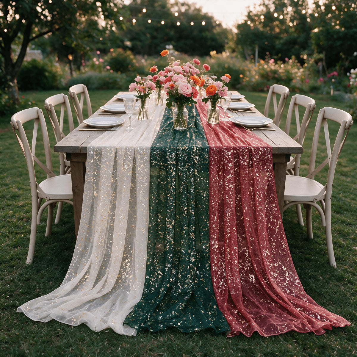 Artoid Mode 6Pcs Beige Gold Gauze Table Runner 120 Inch 10FT, Glitter Metallic Foil Sheer Dining Wedding Anniversary Holiday Birthday Table Decor for Home Party