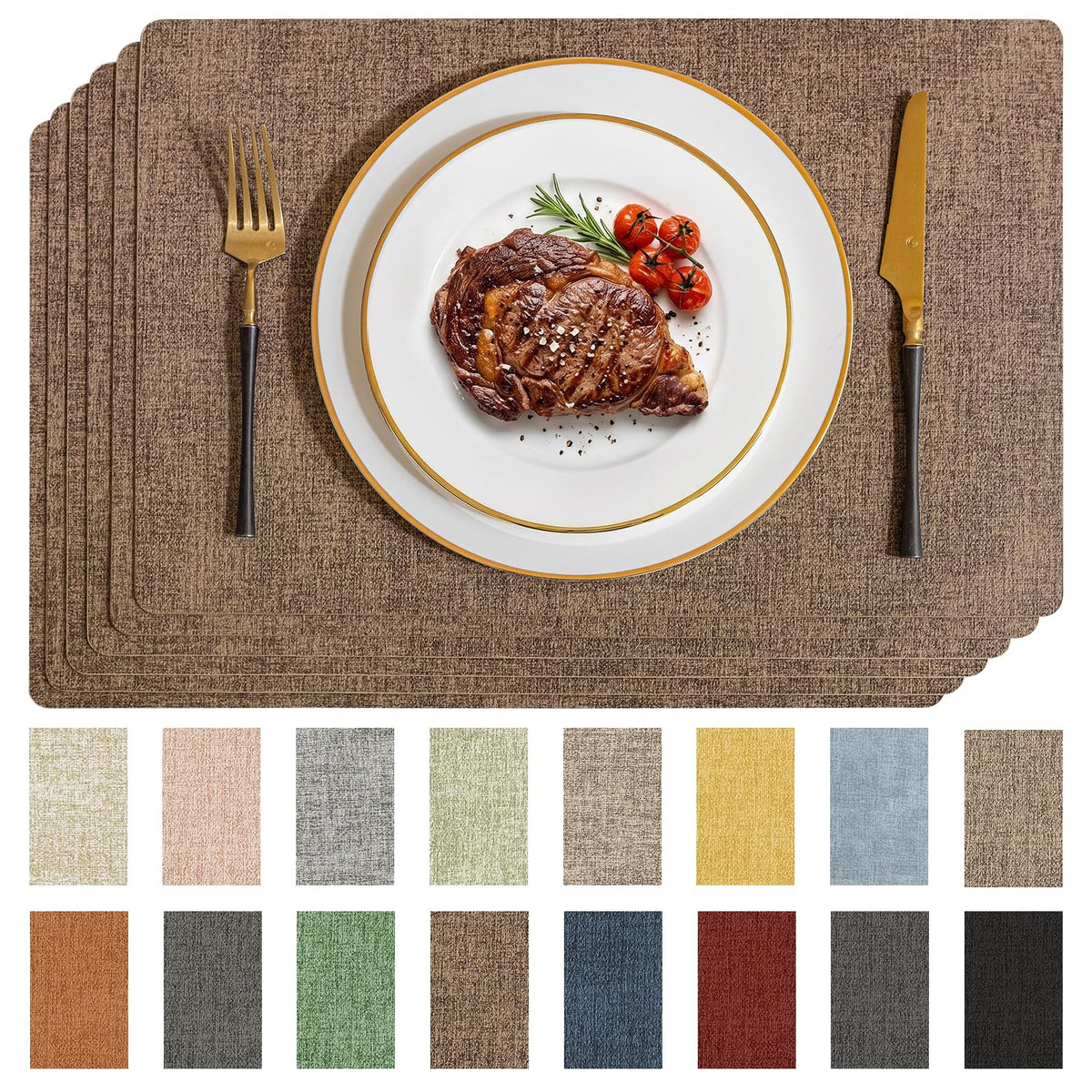 Romanstile Faux Leather Vinyl Placemats Set of 6, Light Grey