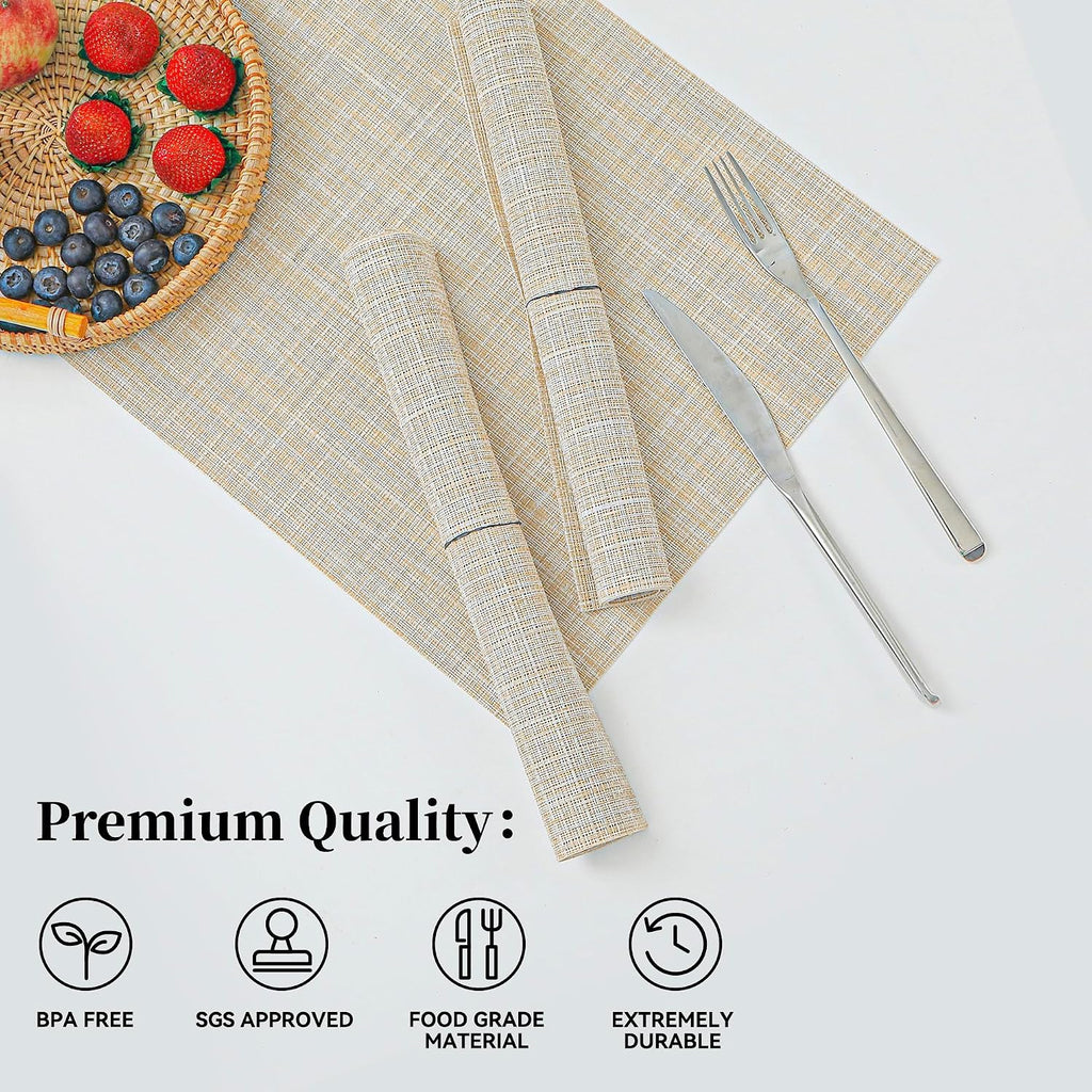Leetaltree Beige Placemats Set of 4 - Heat-Resistant, Non-Slip Table Mats, Washable Woven Vinyl for Indoor & Outdoor Dining