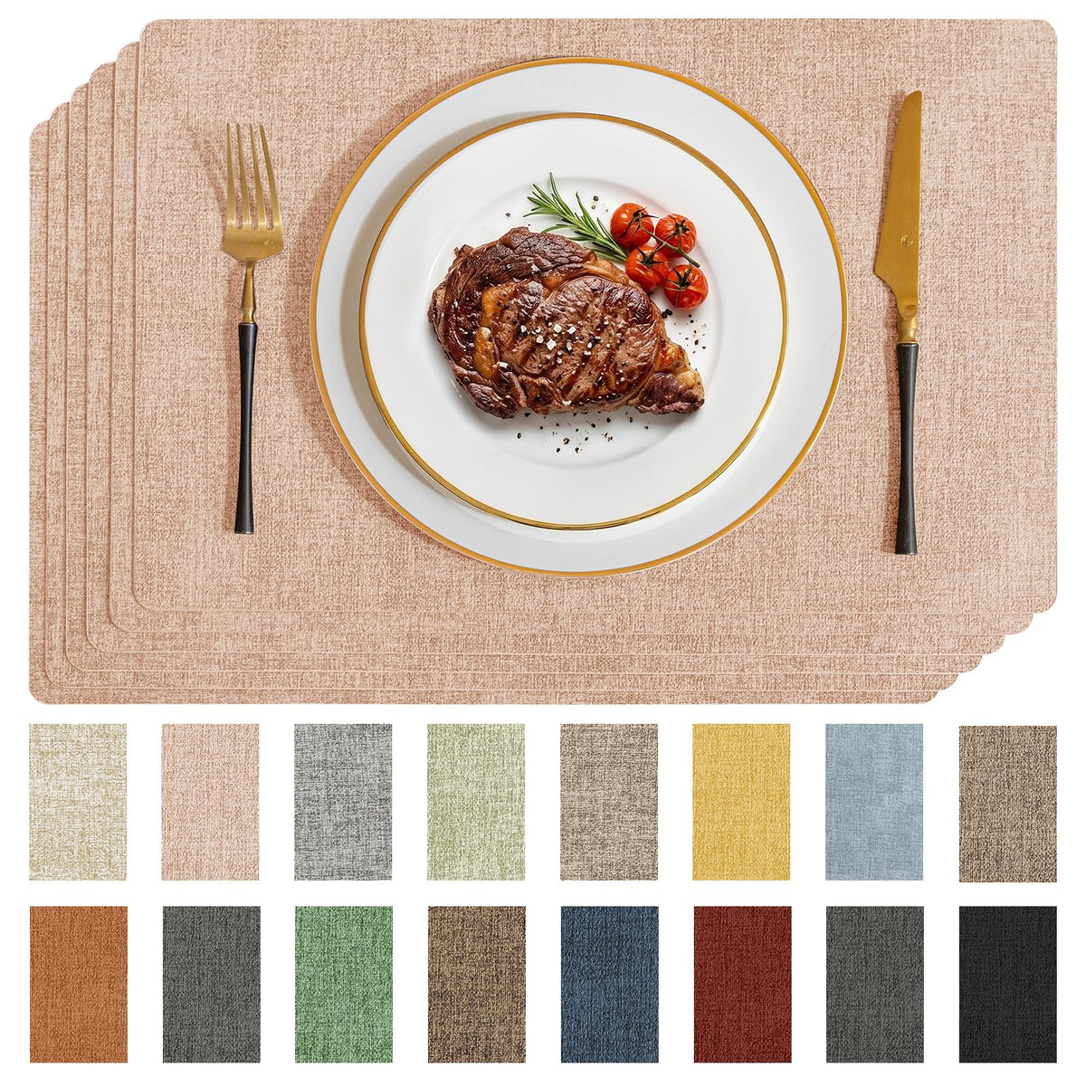 Romanstile Faux Leather Vinyl Placemats Set of 6, Light Grey