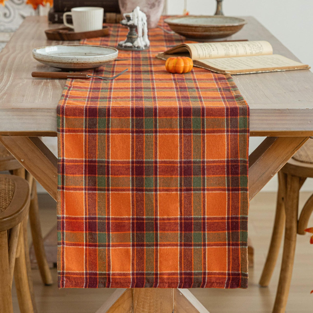 AQOTHES Plaid Fall Thanksgiving Rust Orange Table Runners 36 inches Long