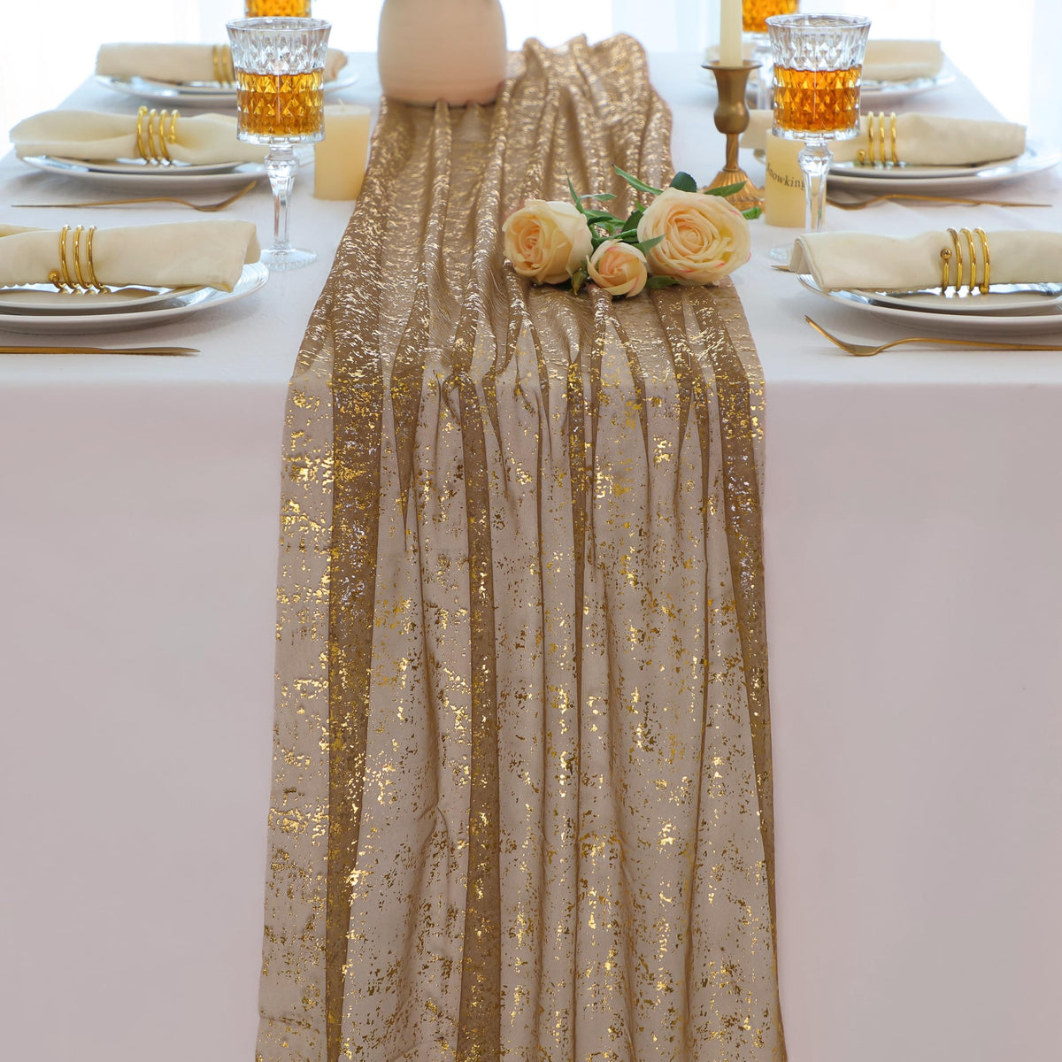 Snowkingdom 6Pcs 10 Ft Gold Table Runners, Sheer Chiffon Tulle Cheesecloth Golden Sequin Glitter Metallic Foil, Gold Party Table Decoration Centerpiece for Wedding Birthday Anniversary Christmas