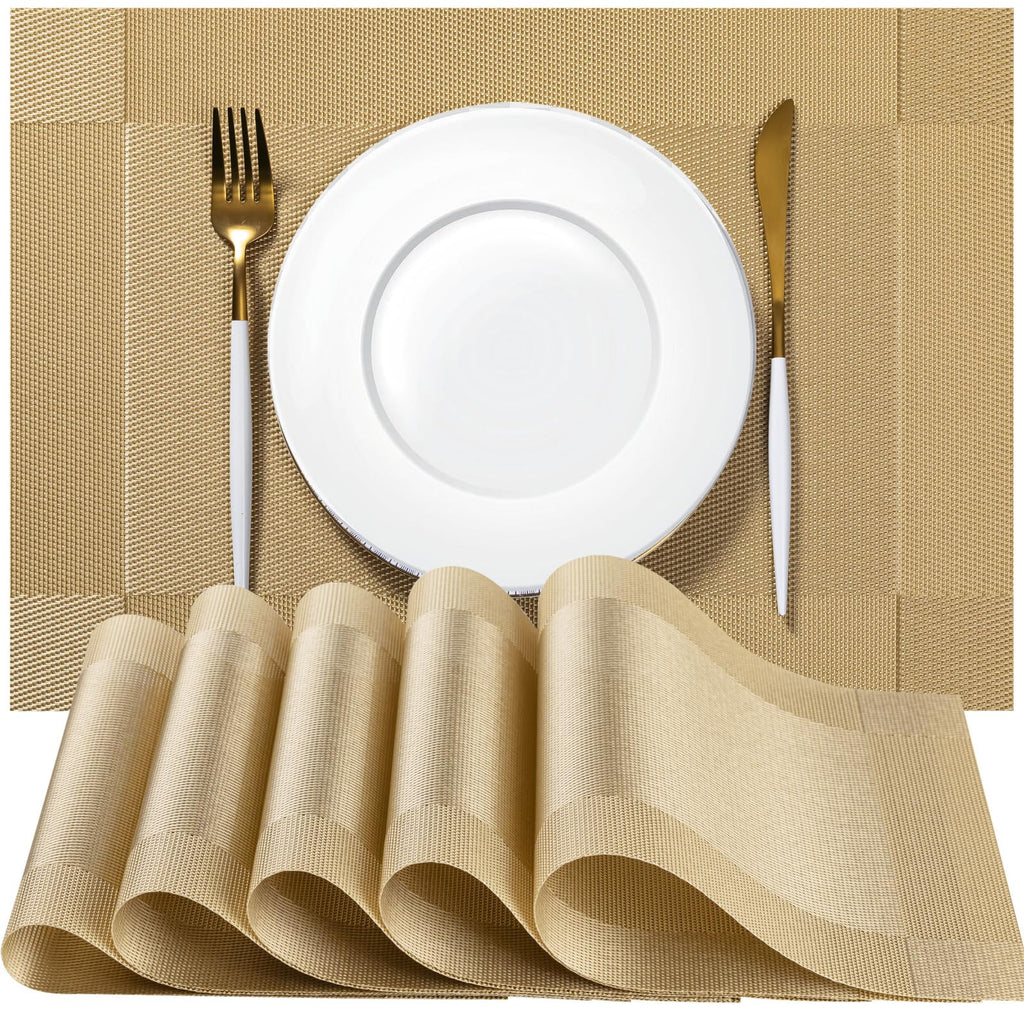 Placemats Set of 4 - Easy Clean Woven Vinyl Placemats for Dining Table, Indoor/Outdoor Place Mats, Washable PVC Table Mats（Caramel）