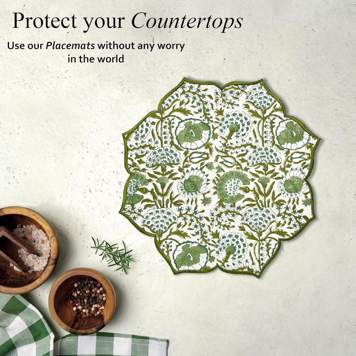 CPC Agate Green Block Print Cotton Floral Placemat 15x15 Inch, Set of 4